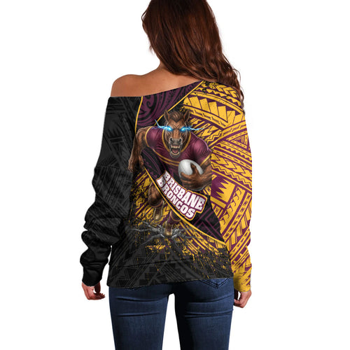 Brisbane Broncos Rugby Off Shoulder Sweater Tribal Polynesian Power Art - Lightning Mascot