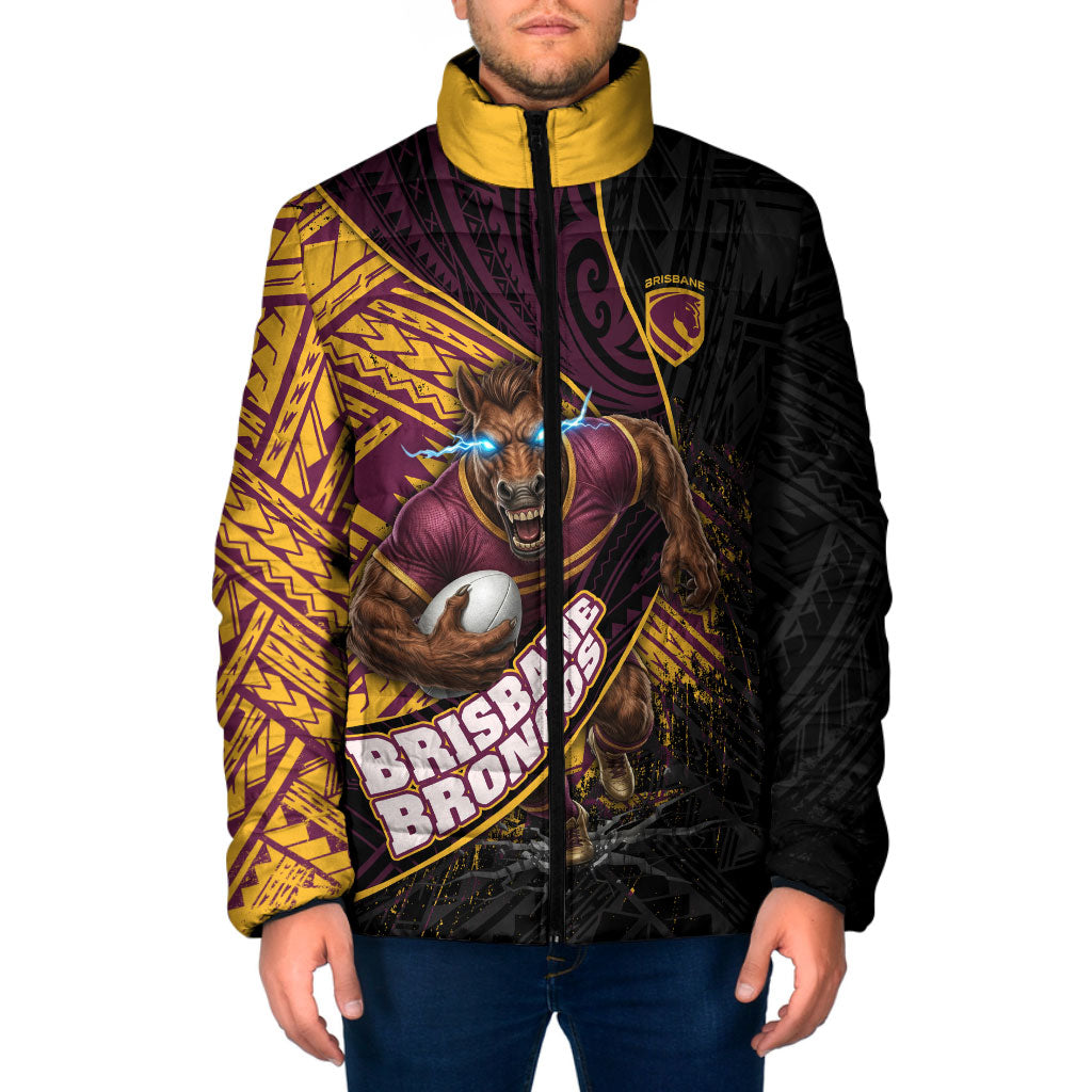 Brisbane Broncos Rugby Padded Jacket Tribal Polynesian Power Art - Lightning Mascot