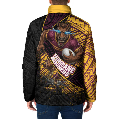 Brisbane Broncos Rugby Padded Jacket Tribal Polynesian Power Art - Lightning Mascot