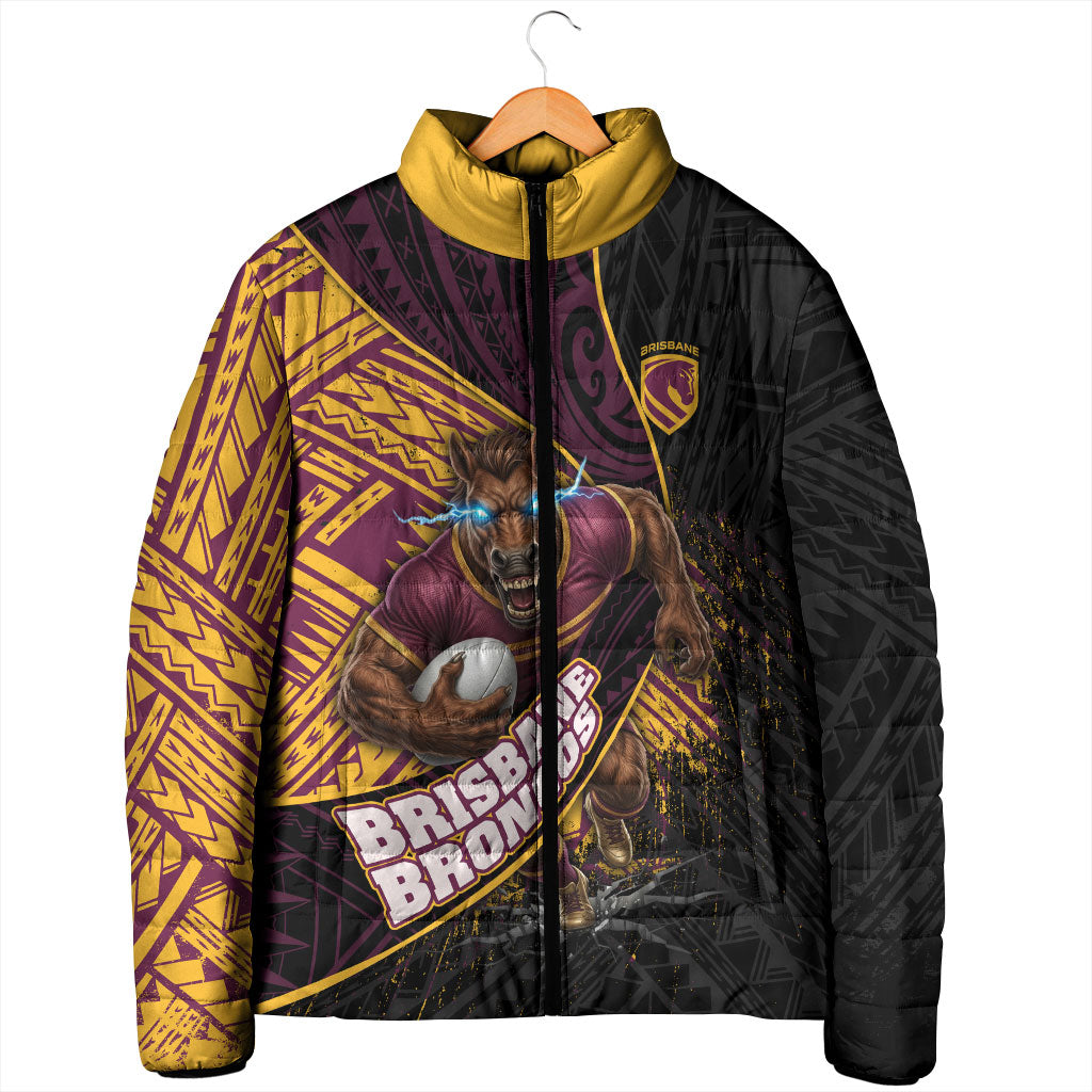 Brisbane Broncos Rugby Padded Jacket Tribal Polynesian Power Art - Lightning Mascot