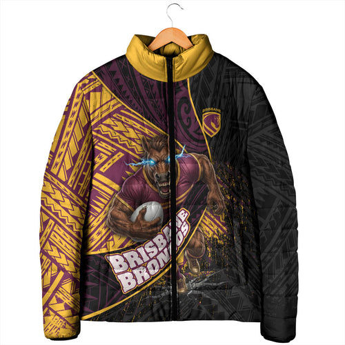 Brisbane Broncos Rugby Padded Jacket Tribal Polynesian Power Art - Lightning Mascot