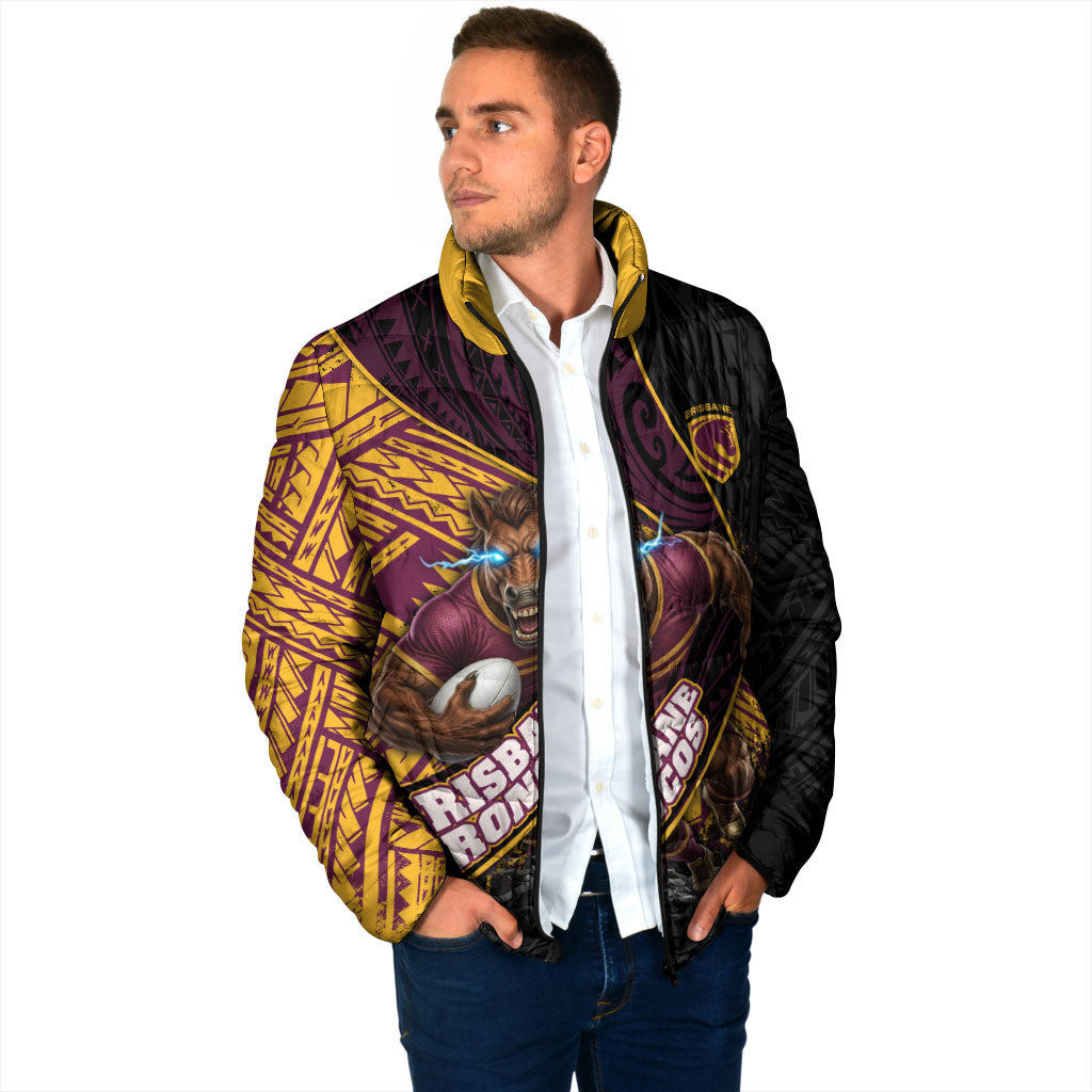 Brisbane Broncos Rugby Padded Jacket Tribal Polynesian Power Art - Lightning Mascot