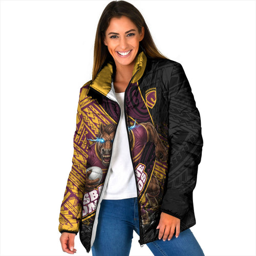 Brisbane Broncos Rugby Padded Jacket Tribal Polynesian Power Art - Lightning Mascot