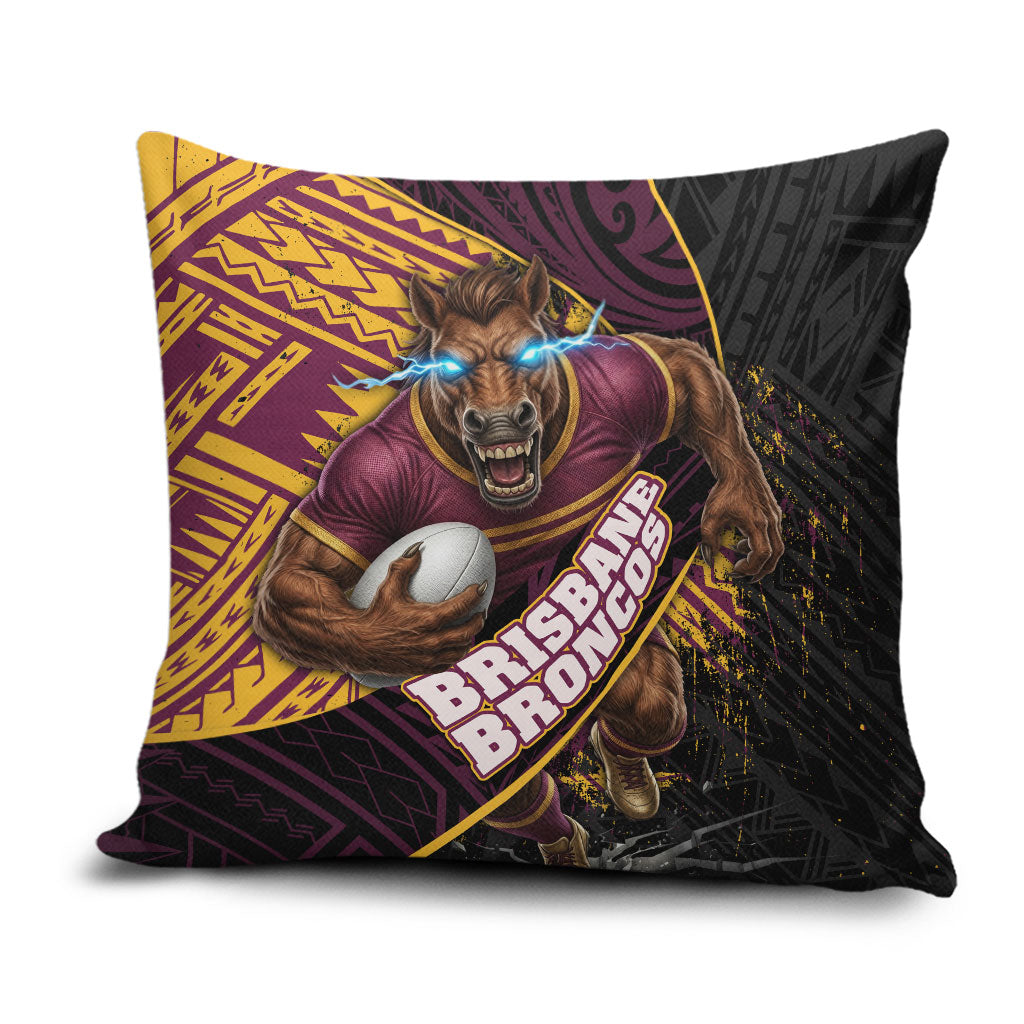 Brisbane Broncos Rugby Pillow Cover Tribal Polynesian Power Art - Lightning Mascot