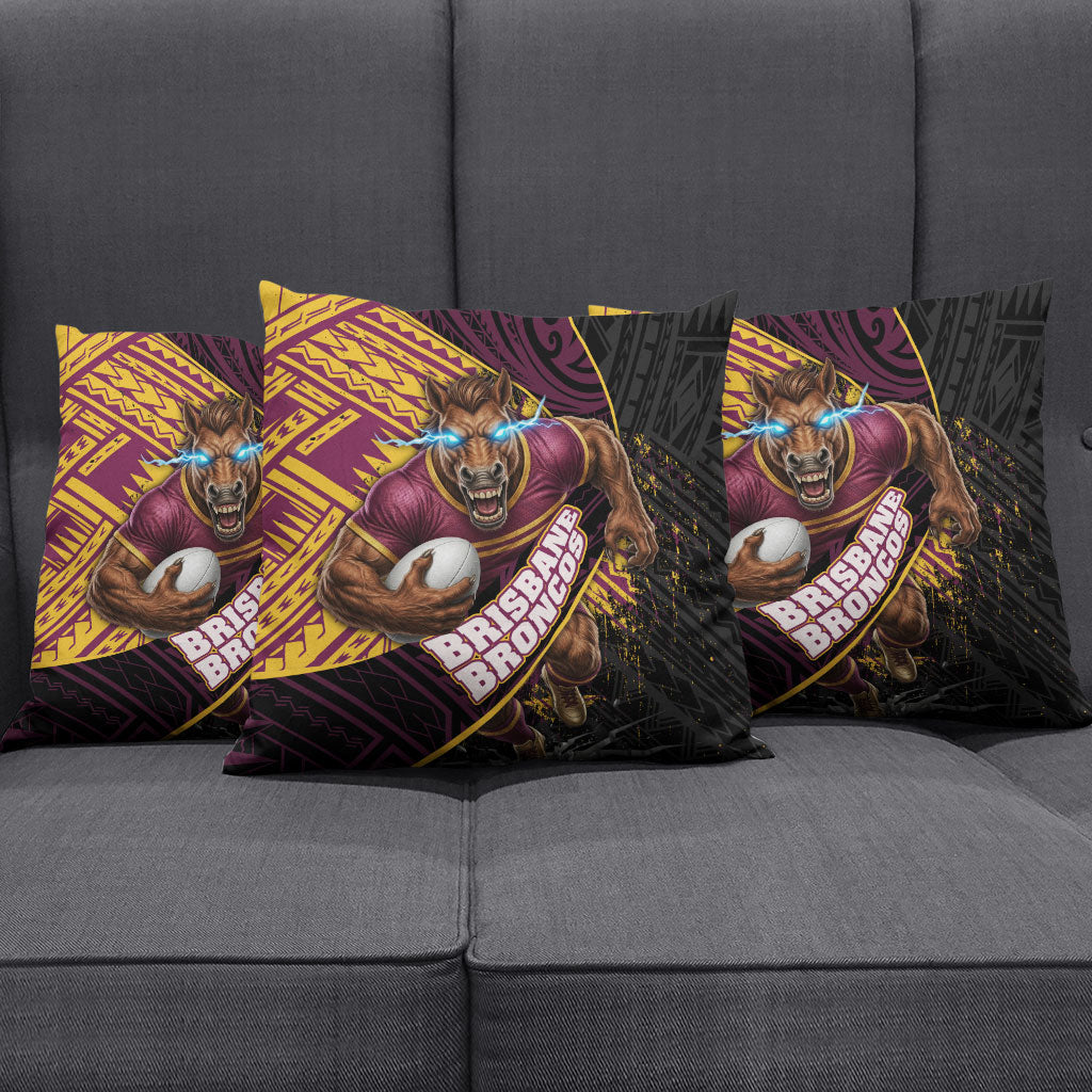 Brisbane Broncos Rugby Pillow Cover Tribal Polynesian Power Art - Lightning Mascot