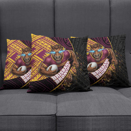 Brisbane Broncos Rugby Pillow Cover Tribal Polynesian Power Art - Lightning Mascot