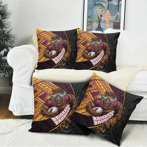 Brisbane Broncos Rugby Pillow Cover Tribal Polynesian Power Art - Lightning Mascot