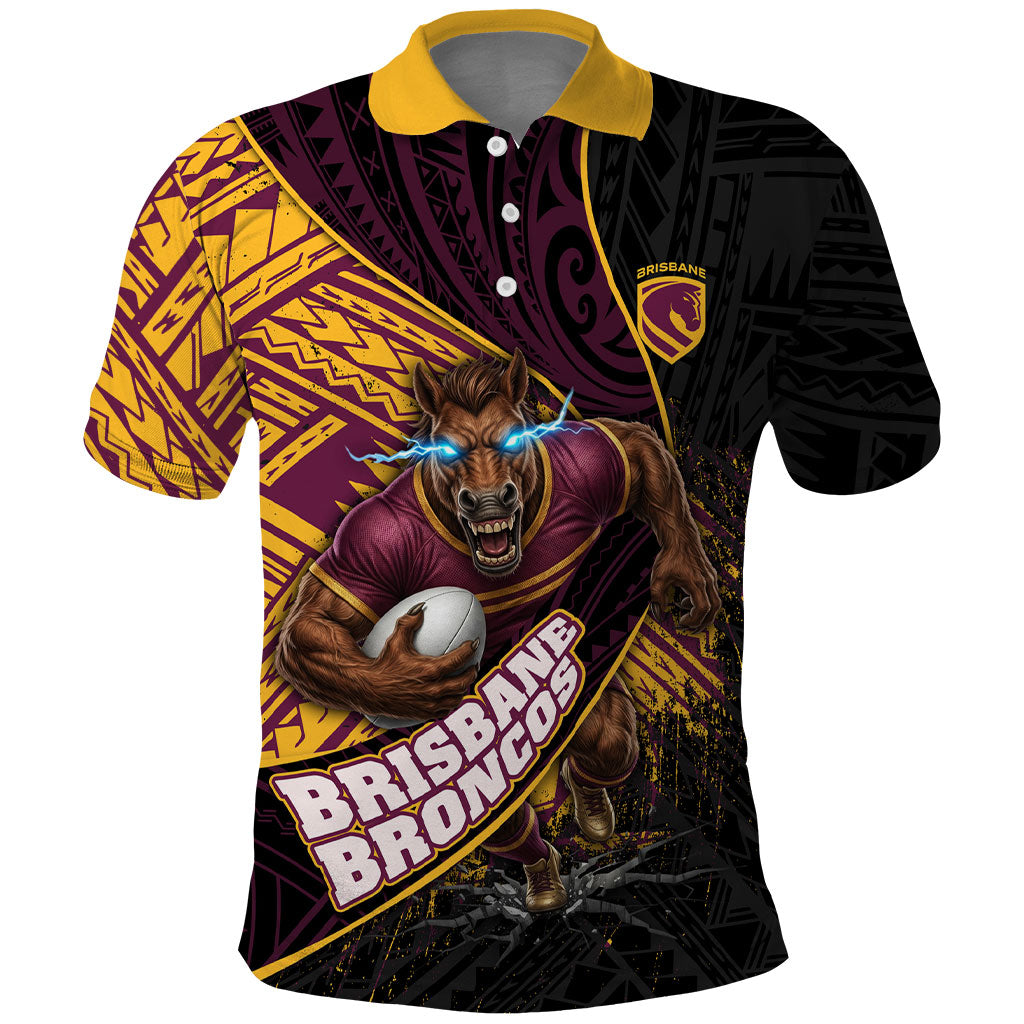 Brisbane Broncos Rugby Polo Shirt Tribal Polynesian Power Art - Lightning Mascot