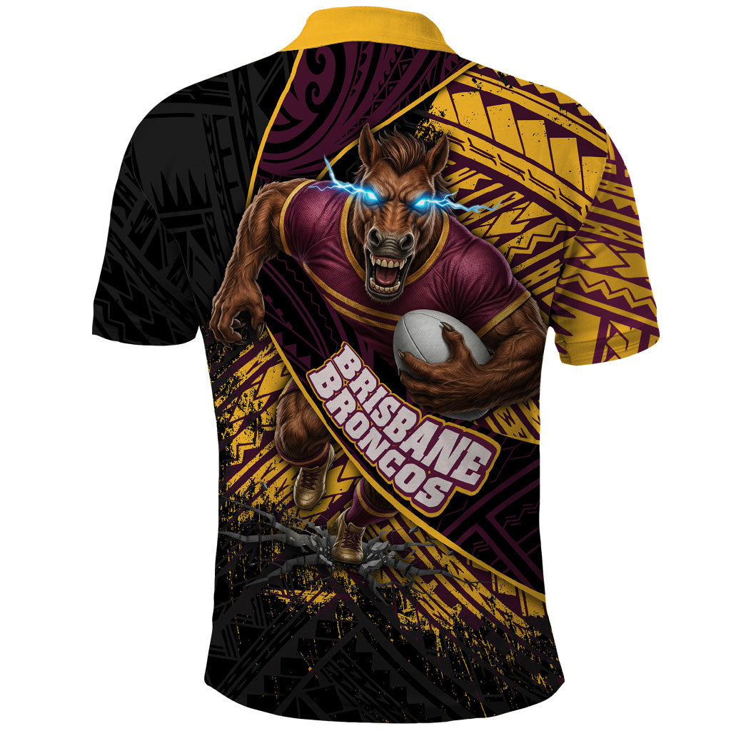 Brisbane Broncos Rugby Polo Shirt Tribal Polynesian Power Art - Lightning Mascot