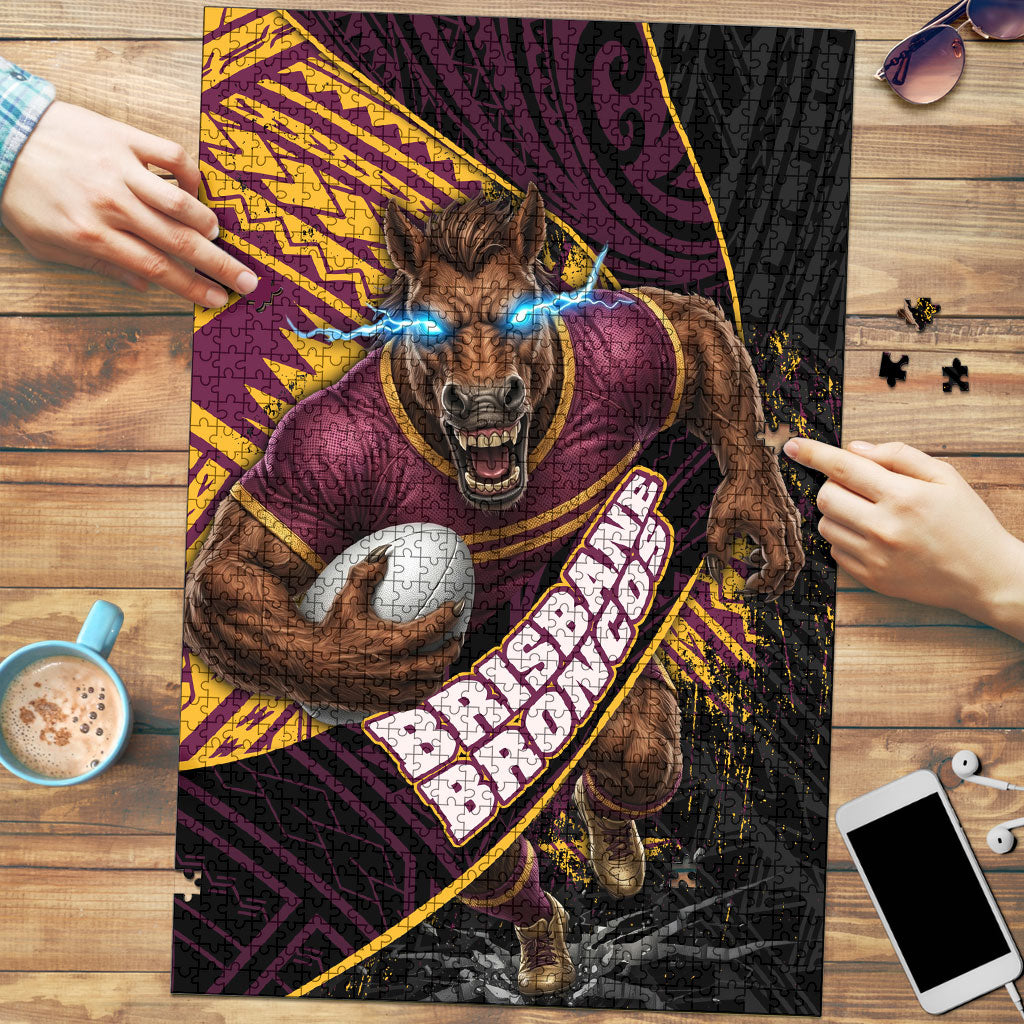 Brisbane Broncos Rugby Puzzle Tribal Polynesian Power Art - Lightning Mascot