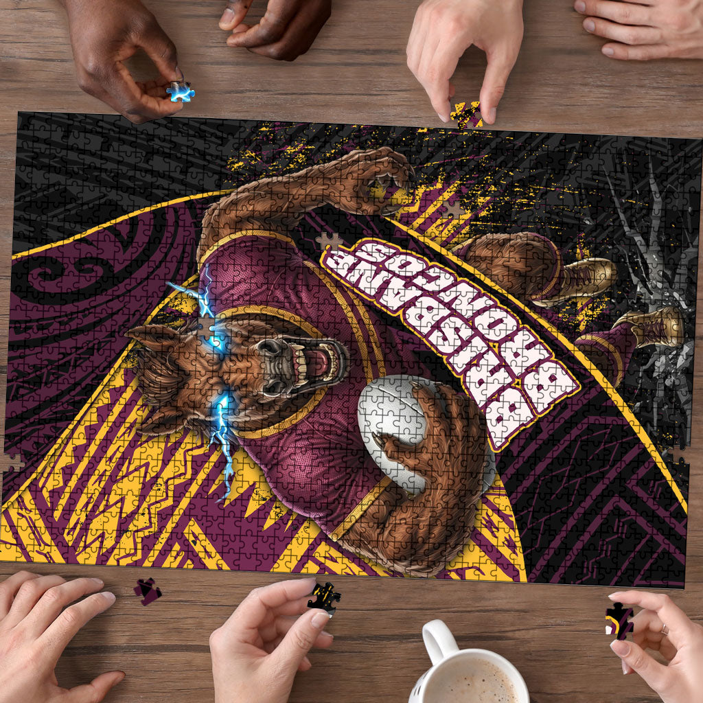 Brisbane Broncos Rugby Puzzle Tribal Polynesian Power Art - Lightning Mascot