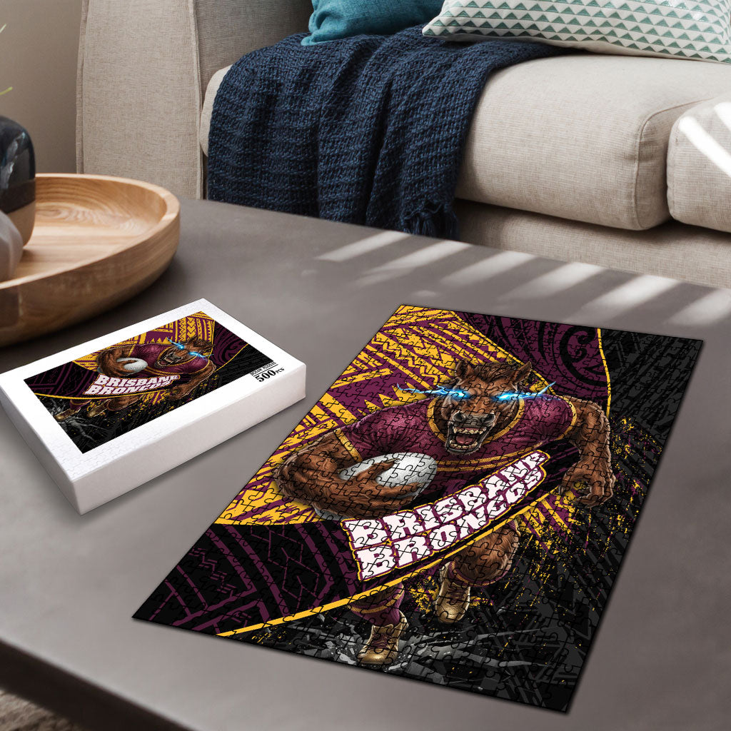 Brisbane Broncos Rugby Puzzle Tribal Polynesian Power Art - Lightning Mascot