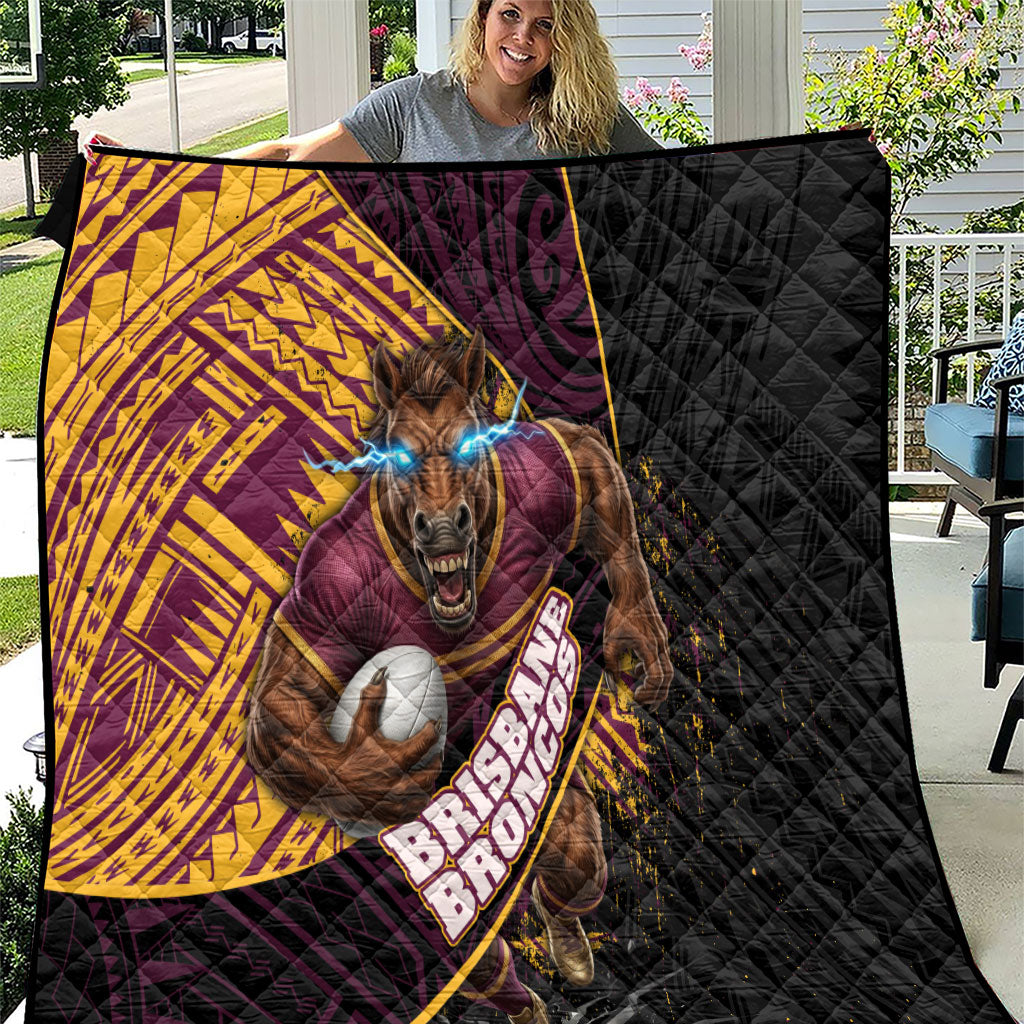 Brisbane Broncos Rugby Quilt Tribal Polynesian Power Art - Lightning Mascot