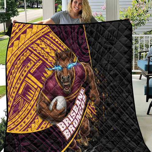 Brisbane Broncos Rugby Quilt Tribal Polynesian Power Art - Lightning Mascot