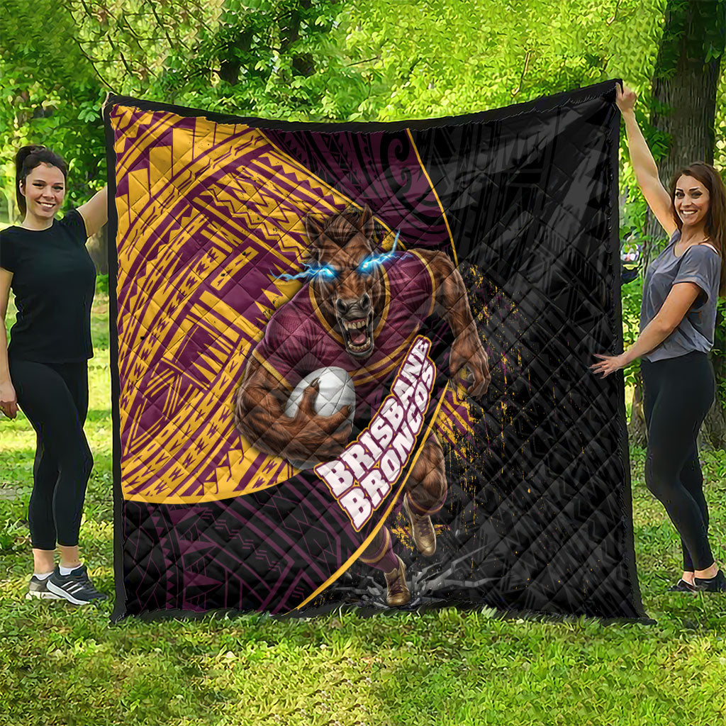 Brisbane Broncos Rugby Quilt Tribal Polynesian Power Art - Lightning Mascot
