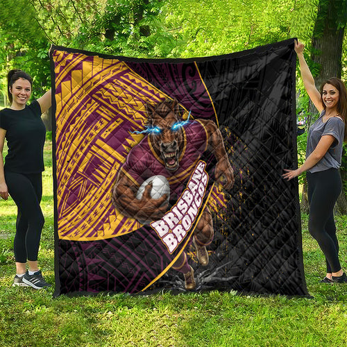 Brisbane Broncos Rugby Quilt Tribal Polynesian Power Art - Lightning Mascot