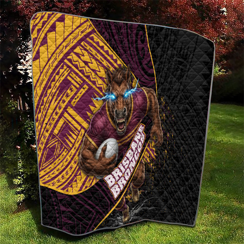 Brisbane Broncos Rugby Quilt Tribal Polynesian Power Art - Lightning Mascot
