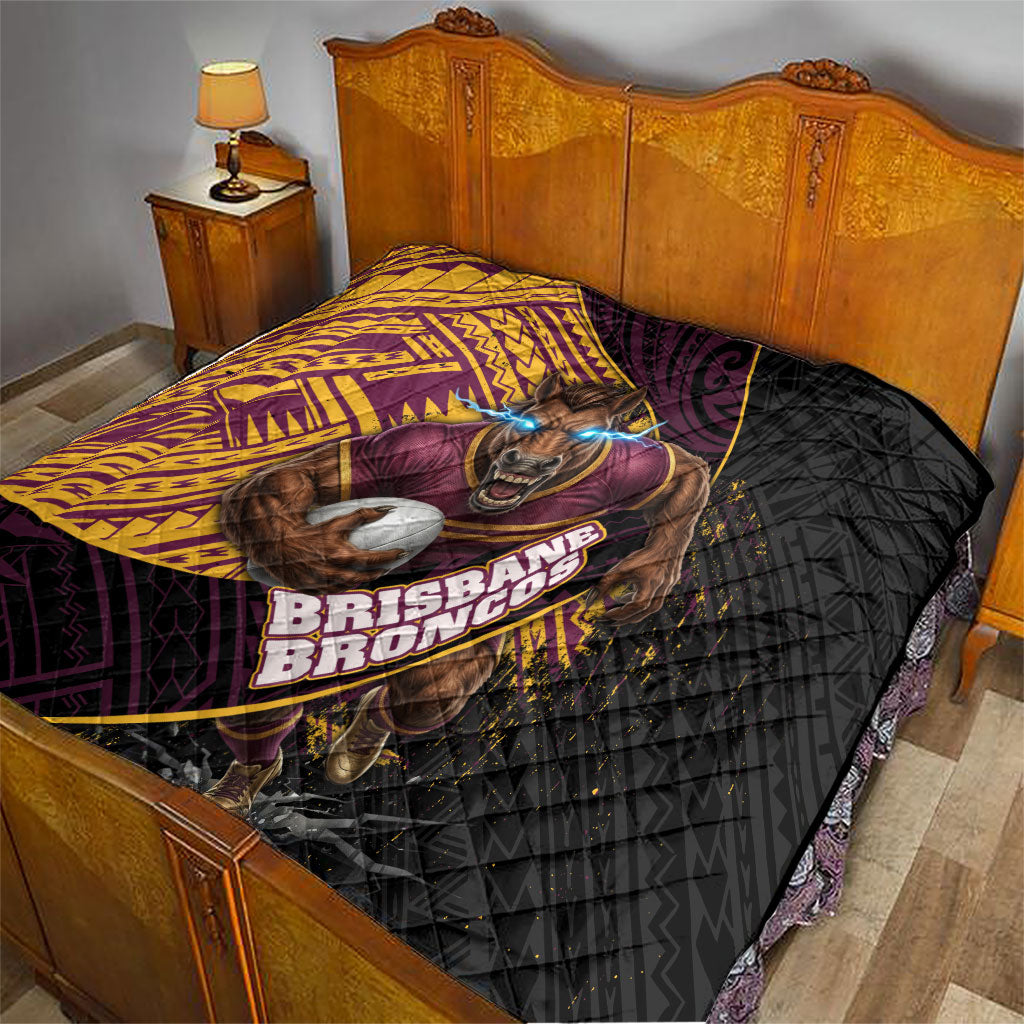 Brisbane Broncos Rugby Quilt Tribal Polynesian Power Art - Lightning Mascot