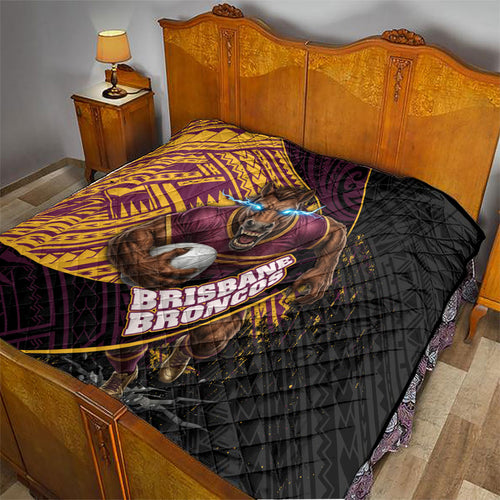 Brisbane Broncos Rugby Quilt Tribal Polynesian Power Art - Lightning Mascot