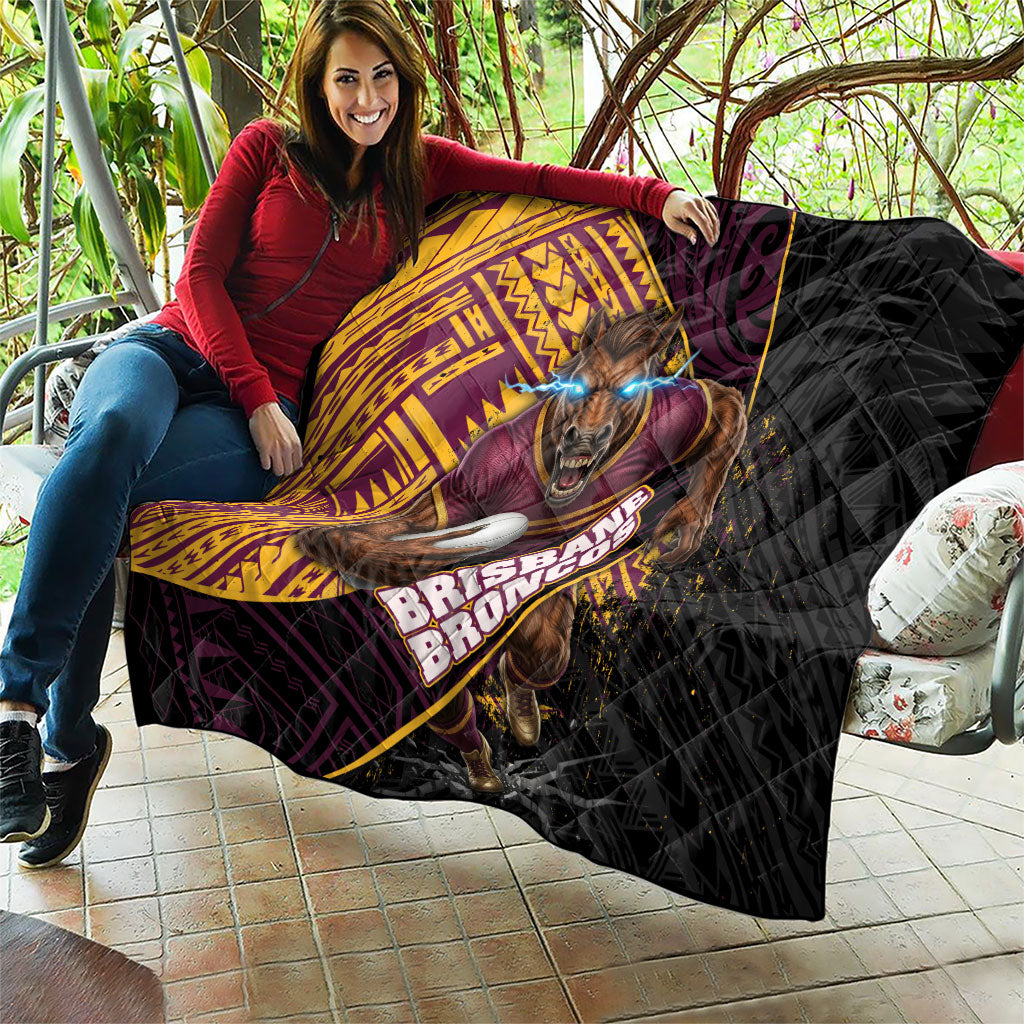 Brisbane Broncos Rugby Quilt Tribal Polynesian Power Art - Lightning Mascot