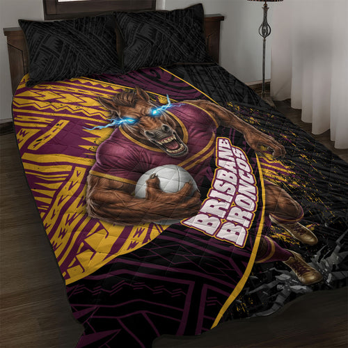 Brisbane Broncos Rugby Quilt Bed Set Tribal Polynesian Power Art - Lightning Mascot