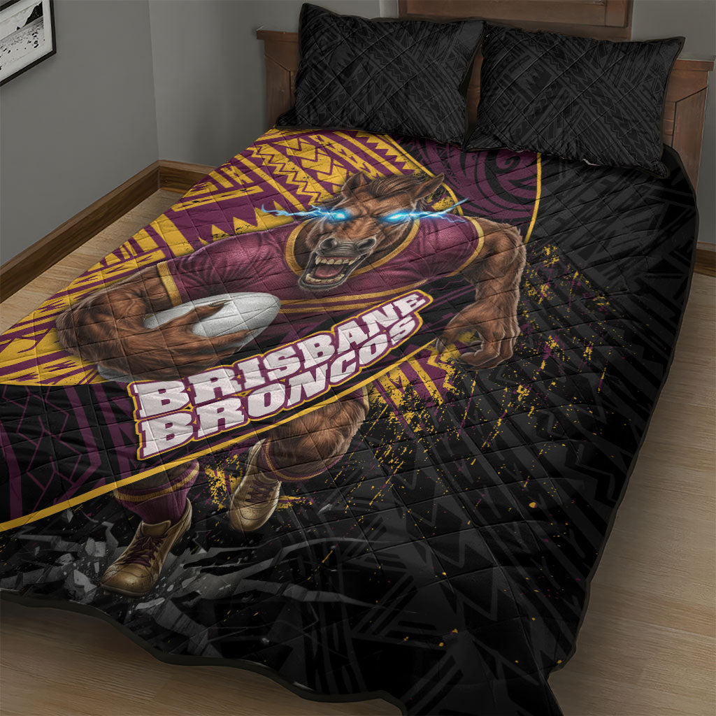 Brisbane Broncos Rugby Quilt Bed Set Tribal Polynesian Power Art - Lightning Mascot