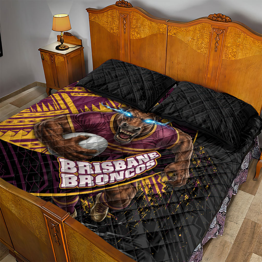 Brisbane Broncos Rugby Quilt Bed Set Tribal Polynesian Power Art - Lightning Mascot