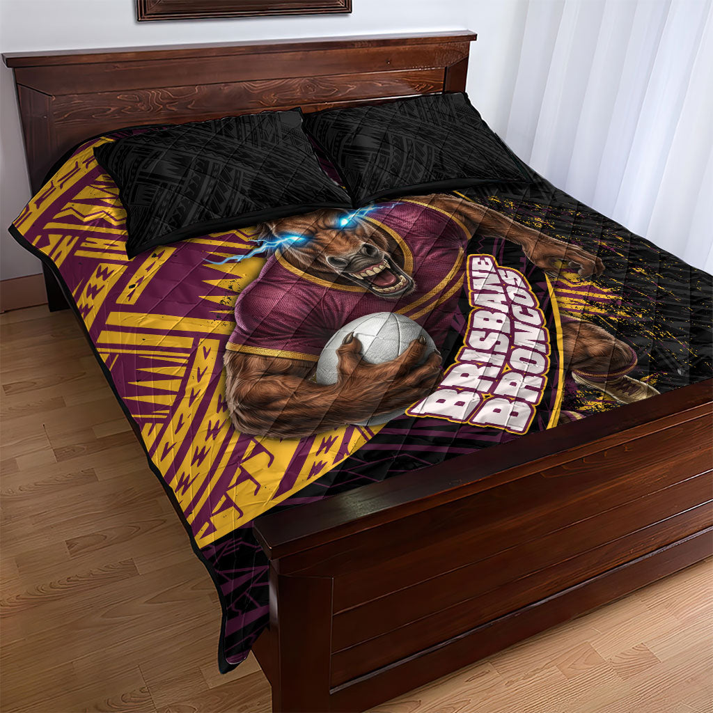 Brisbane Broncos Rugby Quilt Bed Set Tribal Polynesian Power Art - Lightning Mascot