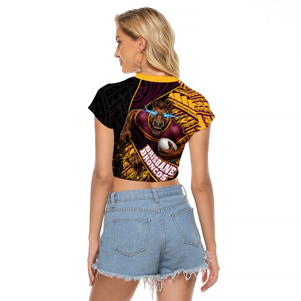 Brisbane Broncos Rugby Raglan Cropped T Shirt Tribal Polynesian Power Art - Lightning Mascot