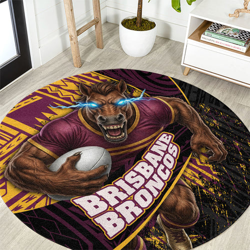 Brisbane Broncos Rugby Round Carpet Tribal Polynesian Power Art - Lightning Mascot