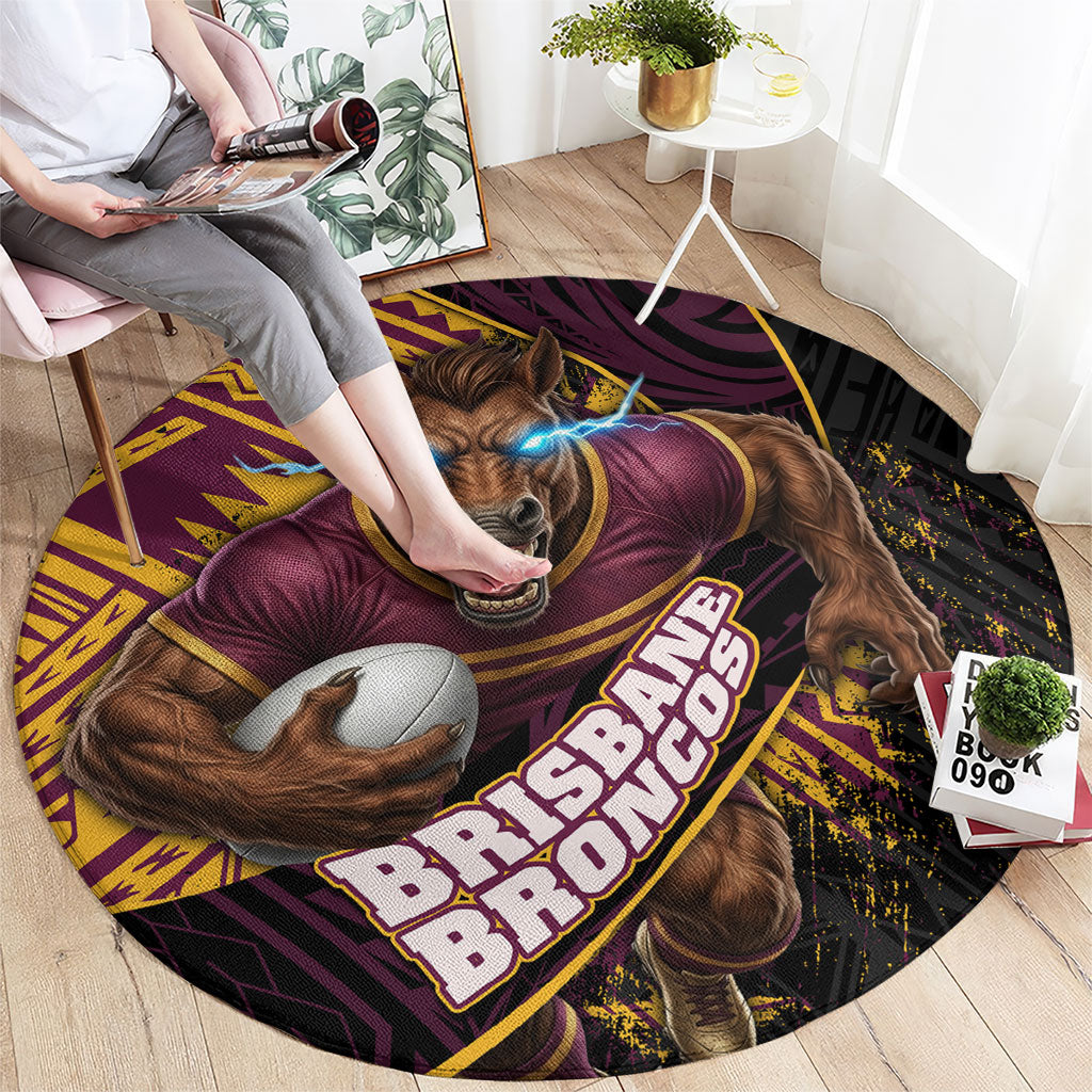 Brisbane Broncos Rugby Round Carpet Tribal Polynesian Power Art - Lightning Mascot