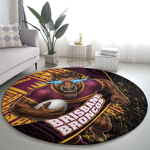 Brisbane Broncos Rugby Round Carpet Tribal Polynesian Power Art - Lightning Mascot