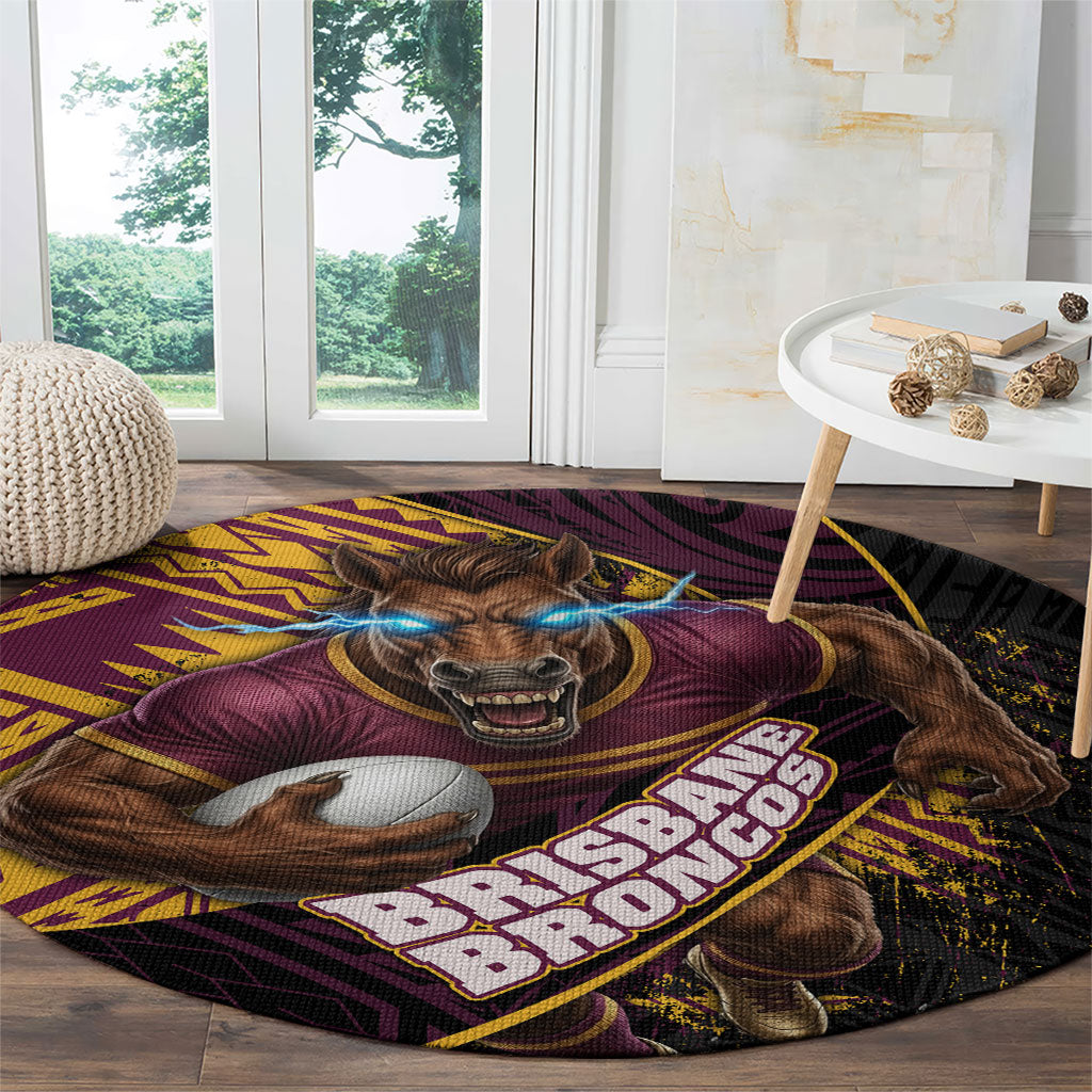 Brisbane Broncos Rugby Round Carpet Tribal Polynesian Power Art - Lightning Mascot