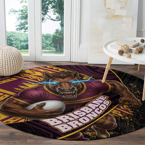 Brisbane Broncos Rugby Round Carpet Tribal Polynesian Power Art - Lightning Mascot