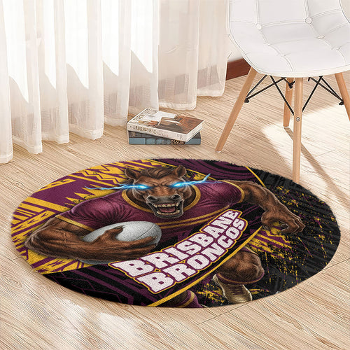 Brisbane Broncos Rugby Round Carpet Tribal Polynesian Power Art - Lightning Mascot