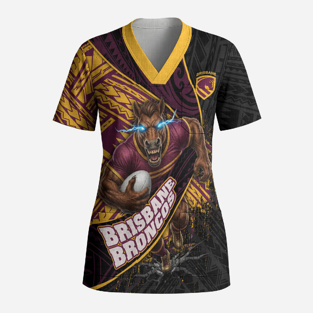 Brisbane Broncos Rugby Scrub Top Tribal Polynesian Power Art - Lightning Mascot