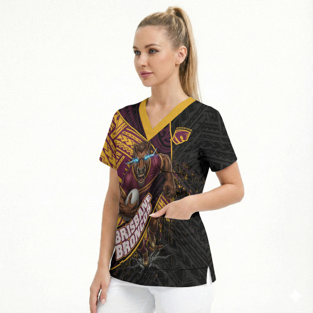 Brisbane Broncos Rugby Scrub Top Tribal Polynesian Power Art - Lightning Mascot