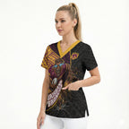 Brisbane Broncos Rugby Scrub Top Tribal Polynesian Power Art - Lightning Mascot