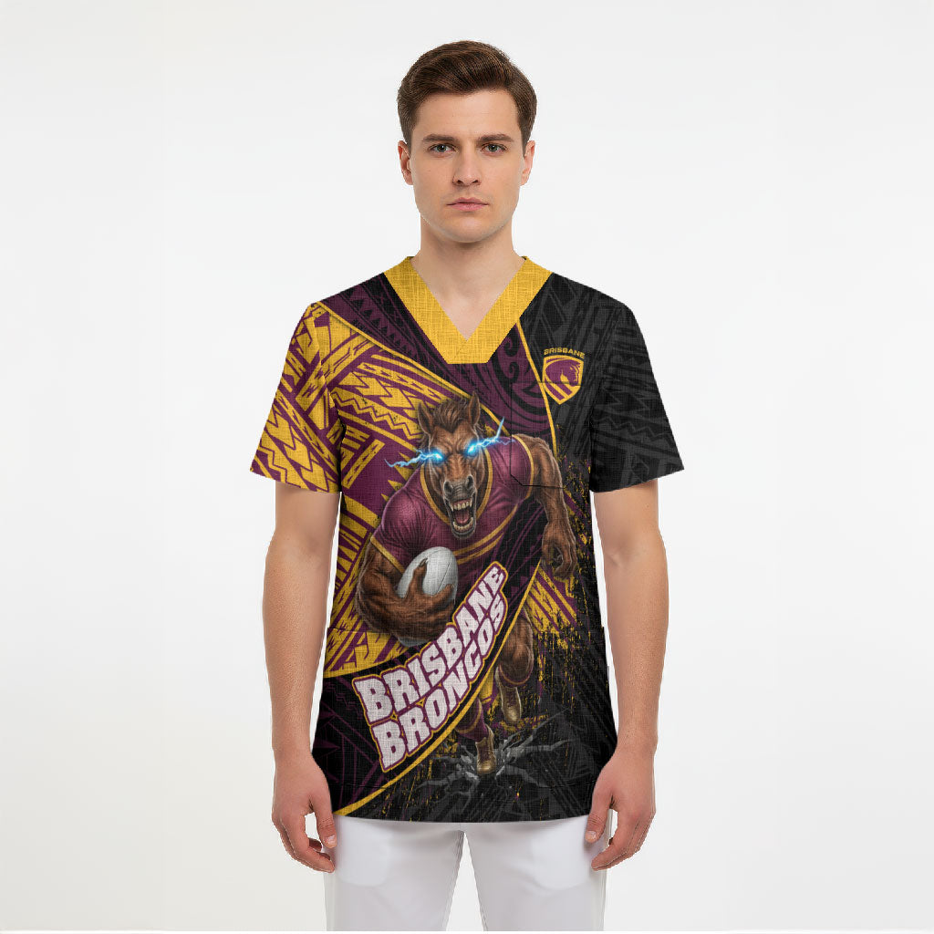 Brisbane Broncos Rugby Scrub Top Tribal Polynesian Power Art - Lightning Mascot