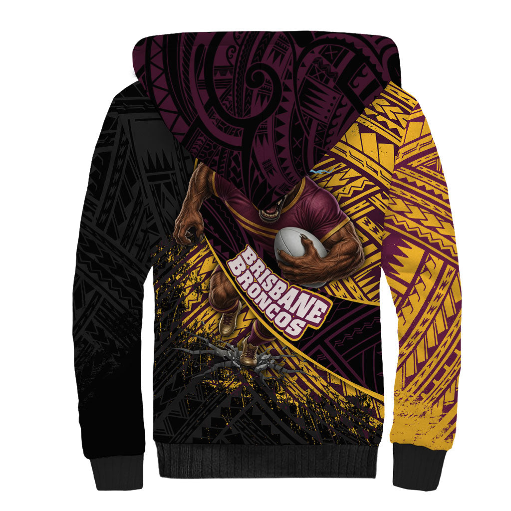 Brisbane Broncos Rugby Sherpa Hoodie Tribal Polynesian Power Art - Lightning Mascot