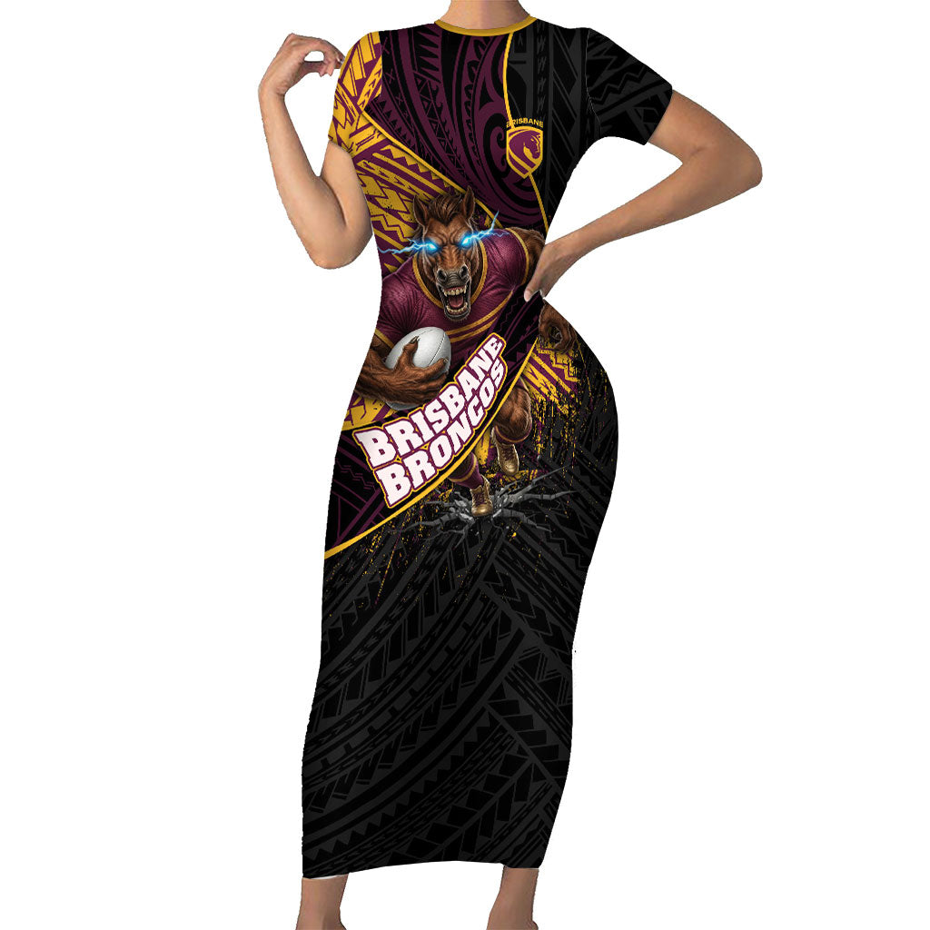 Brisbane Broncos Rugby Short Sleeve Bodycon Dress Tribal Polynesian Power Art - Lightning Mascot