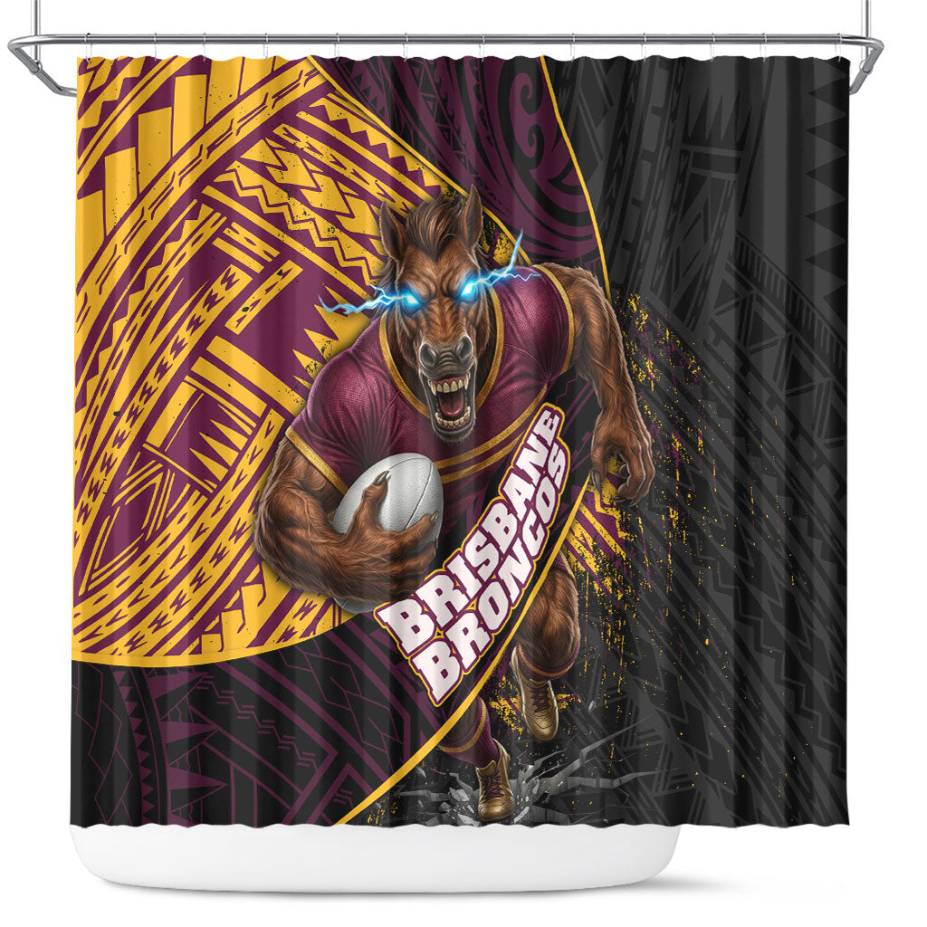 Brisbane Broncos Rugby Shower Curtain Tribal Polynesian Power Art - Lightning Mascot