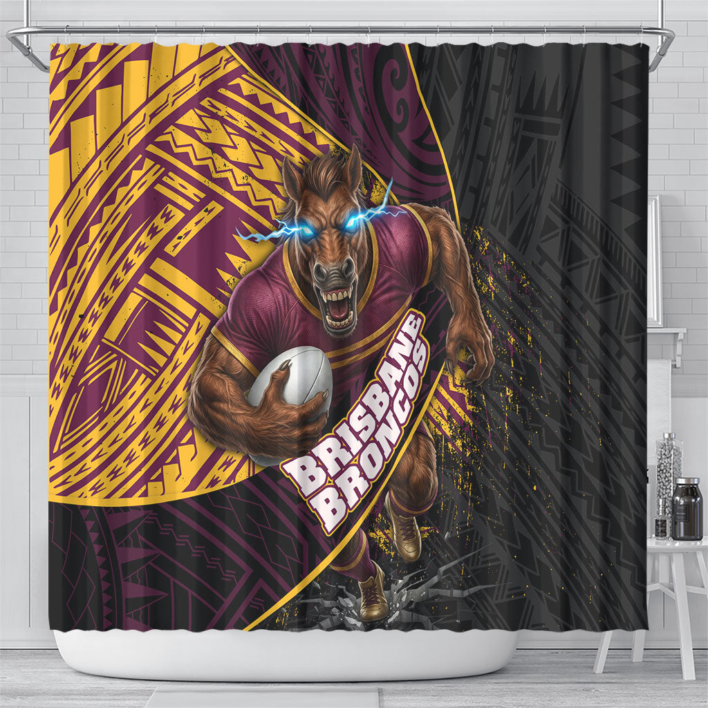 Brisbane Broncos Rugby Shower Curtain Tribal Polynesian Power Art - Lightning Mascot