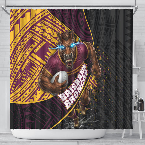 Brisbane Broncos Rugby Shower Curtain Tribal Polynesian Power Art - Lightning Mascot