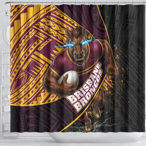 Brisbane Broncos Rugby Shower Curtain Tribal Polynesian Power Art - Lightning Mascot