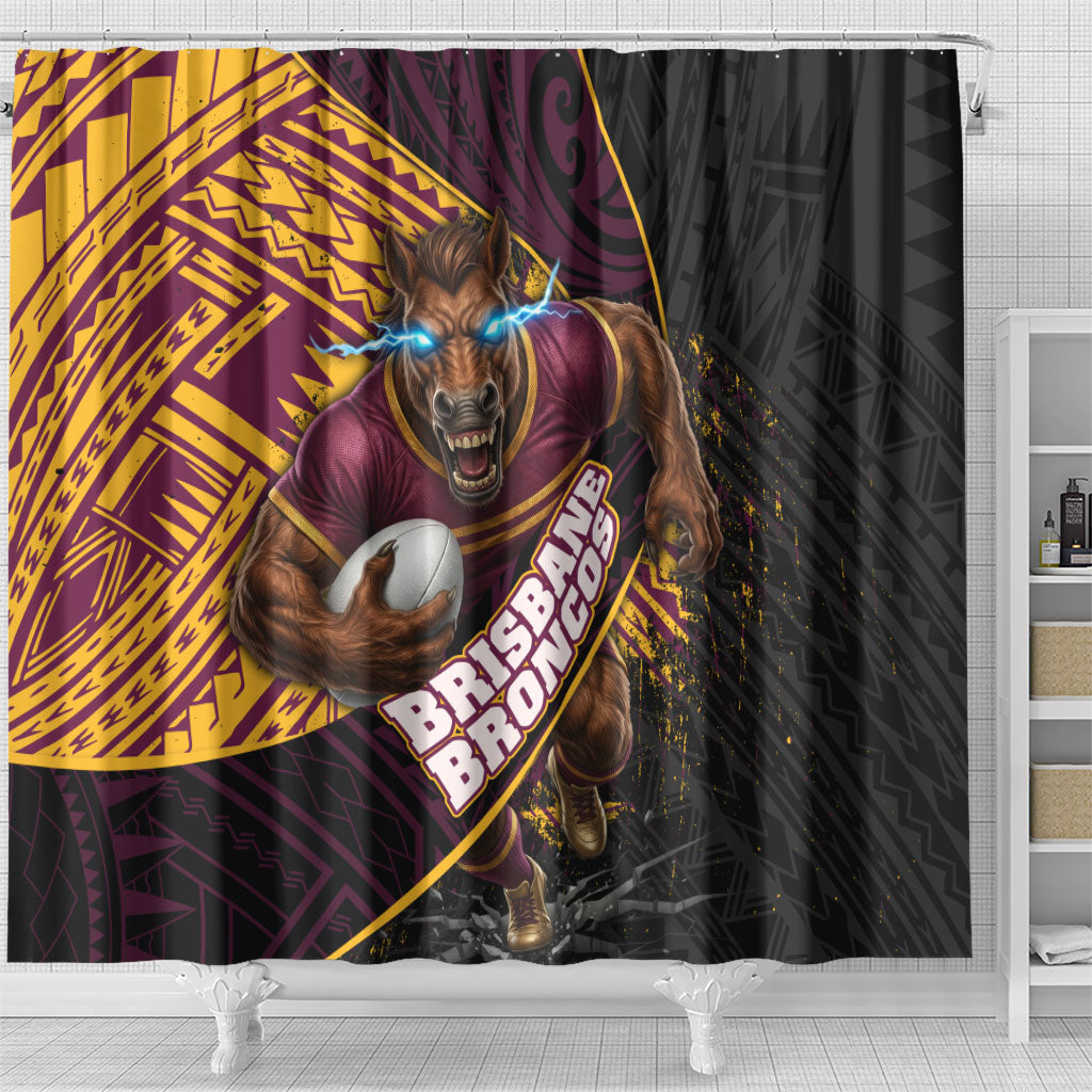 Brisbane Broncos Rugby Shower Curtain Tribal Polynesian Power Art - Lightning Mascot