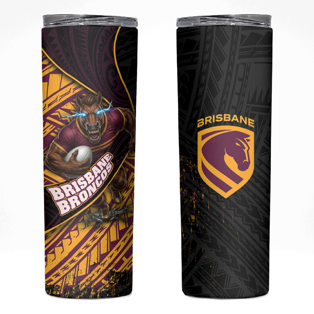 Brisbane Broncos Rugby Skinny Tumbler Tribal Polynesian Power Art - Lightning Mascot
