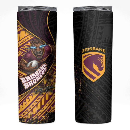 Brisbane Broncos Rugby Skinny Tumbler Tribal Polynesian Power Art - Lightning Mascot