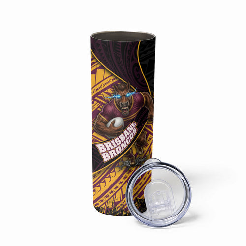 Brisbane Broncos Rugby Skinny Tumbler Tribal Polynesian Power Art - Lightning Mascot
