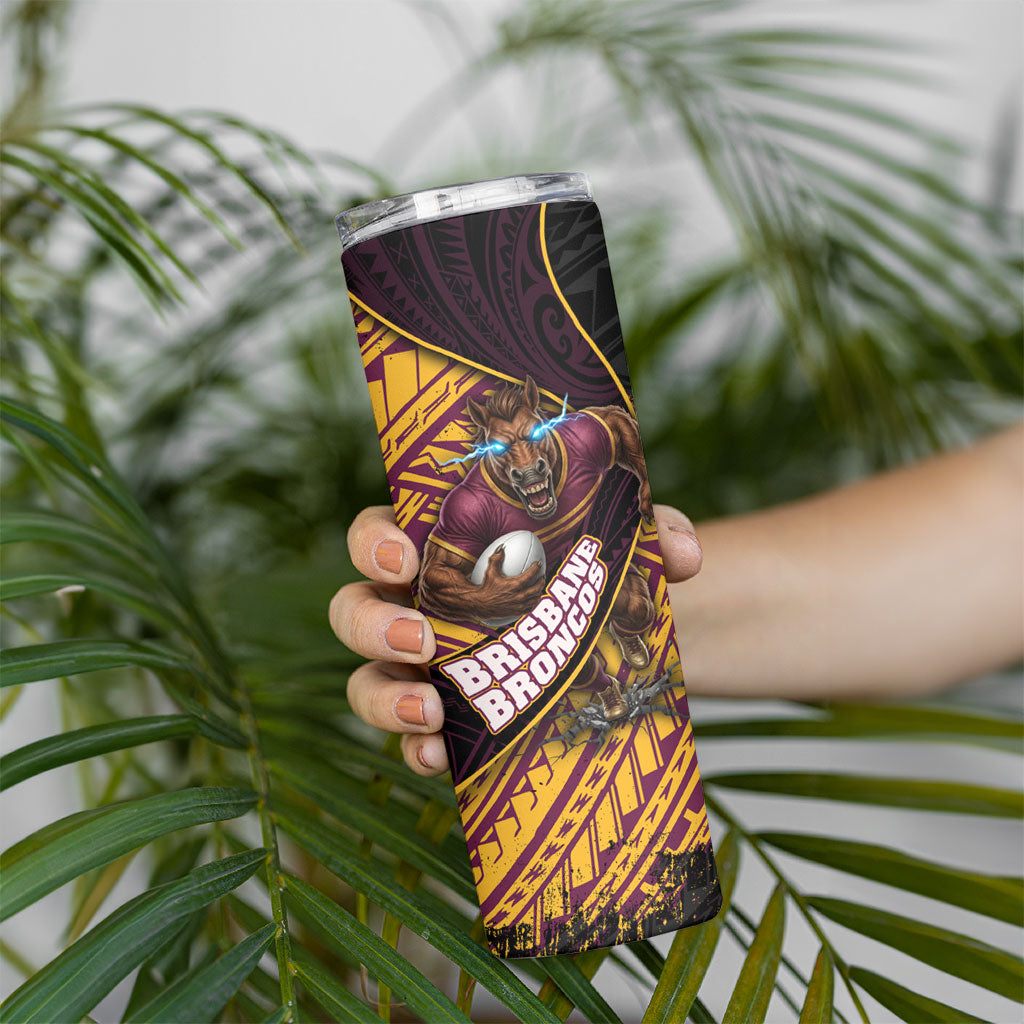 Brisbane Broncos Rugby Skinny Tumbler Tribal Polynesian Power Art - Lightning Mascot